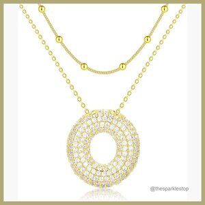 Gold Plated Layered Initial Necklace with Cubic Zirconia Pendant